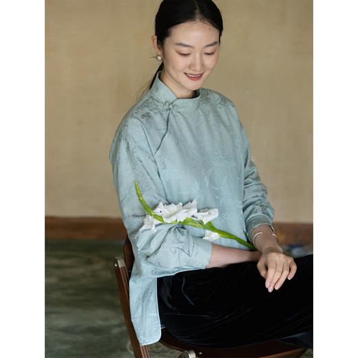 牧衣游原创 重磅28姆米丝棉提花衬衫新款温婉立领中式衬衣 山川 商品图1
