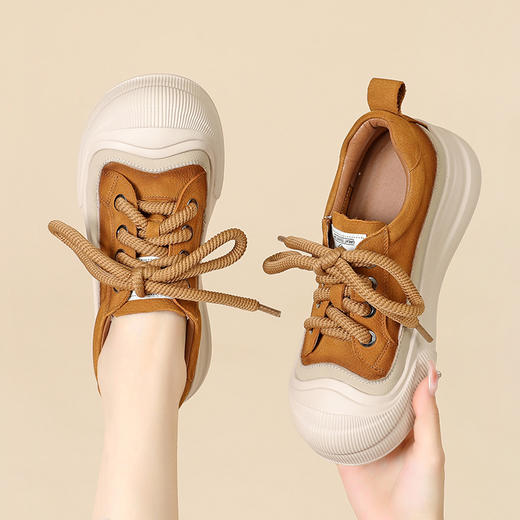 丁摩 头层牛皮单鞋软底舒适低帮板鞋系带厚底复古休闲女鞋5ZF-573 商品图1