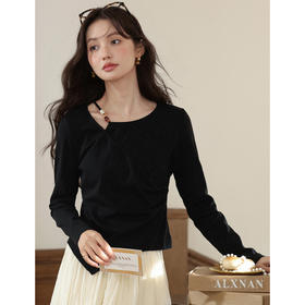 鹿向南「尼斯漫记」设计感黑色长袖T恤秋季新款新中式修身上衣女