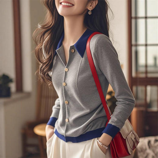 XMZ1049灰色拼接polo领针织衫女士秋冬季高级洋气打底开衫显瘦设计感上衣 商品图2