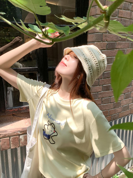 <曾小咸推荐>韩系黄色刺绣短袖t恤女夏日百搭宽松通勤减龄上衣 商品图5