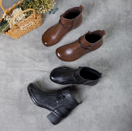 雀说新款真皮女靴民族风复古防滑软底压花保暖粗跟马丁靴AL89618 商品图3