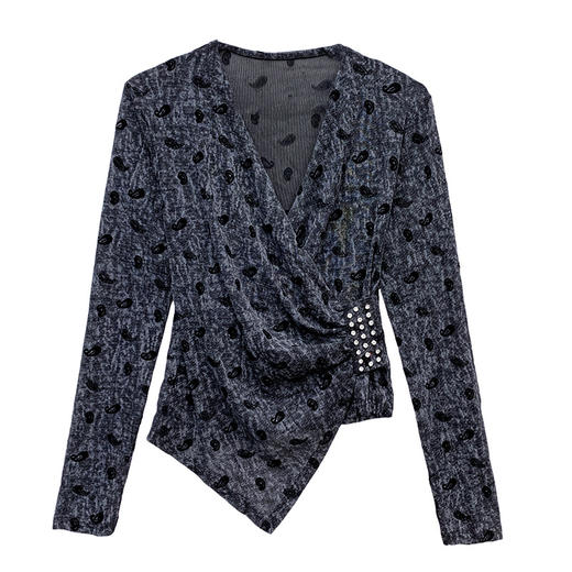 KQL 359H8319新款V领长袖网纱扎染植绒不规则t恤时尚修身打底衫 商品图4