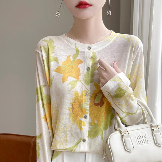 雀说超软糯~80支超细水溶羊毛针织开衫女重工印花轻薄莱赛尔防晒外套ALYSN199 商品图1