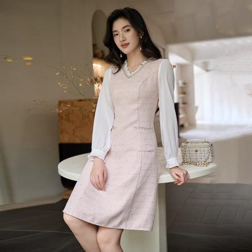 奢姿大码女装小香风V领镶钻连衣裙女2025秋季优雅拼接气质中长裙9953853571 商品图4