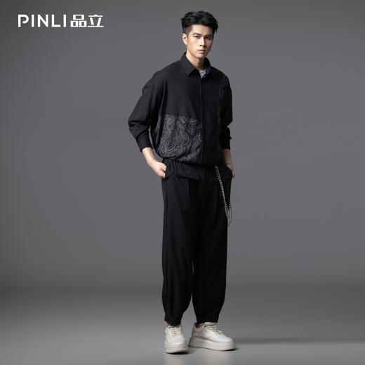 PINLI品立春季新款印花拼接长袖衬衫男士休闲时尚黑色潮衬衣B253113007 商品图1