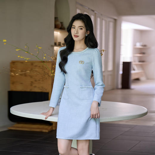奢姿大码女装2025秋季时尚珍珠装饰圆领连衣裙胖妹妹气质减龄裙子9953890648 商品图2