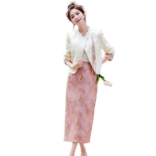 MEIQIN6025新中式优雅气质提花套装女2025秋季复古国风盘扣上衣半身裙两件套 商品图4