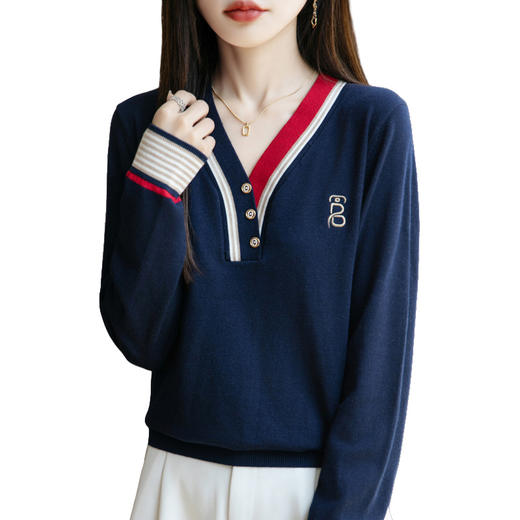 雀说新款羊毛针织衫女V领撞色刺绣t恤时尚长袖设计感打底上衣ALYGH271 商品图4