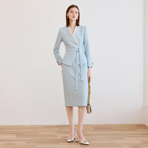 IWY/蓝色设计感花边拼接领双排扣毛呢西装外套职业通勤套装正装CS2463 商品图0