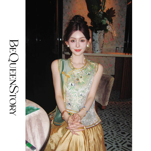 余潇潇【国潮熊猫】新中式国风羊毛宋锦桑蚕丝撞色拼接传统马甲上衣 商品图0