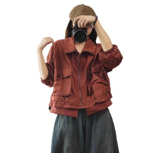 WMY66362 2025秋季新款 复古拼贴大口袋做旧双层外套 宽松翻领开衫上衣女款 商品图4