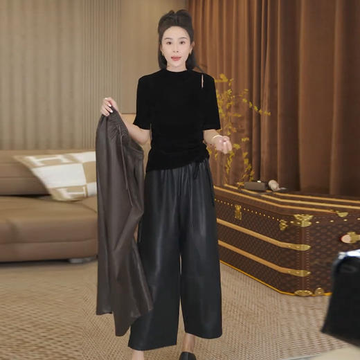 3F-YMG-8612+8613时尚套装女秋季新款洋气五分袖系带丝绒小衫九分阔腿皮裤两件套潮 商品图1