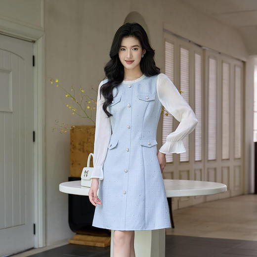 奢姿大码女装2025秋季胖妹妹时尚撞色拼接设计气质珍珠纽扣连衣裙9953853681 商品图1