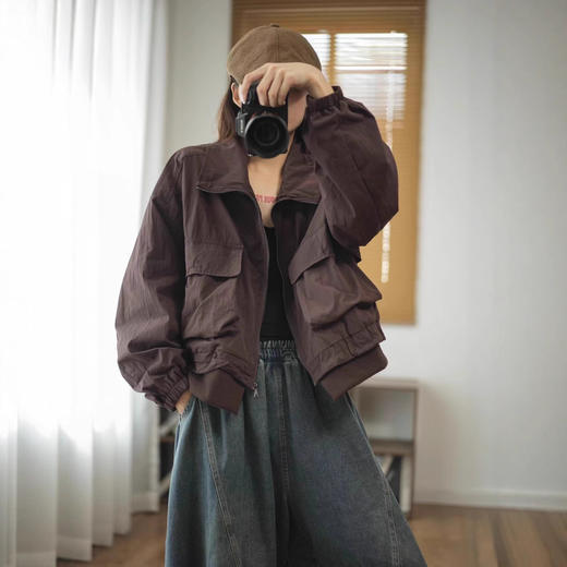 WMY66362 2025秋季新款 复古拼贴大口袋做旧双层外套 宽松翻领开衫上衣女款 商品图0