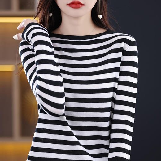 雀说新款精纺羊毛一字领羊毛针织衫女长袖条纹宽松套头上衣AL2332 商品图1