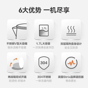 苏泊尔（SUPOR）电水壶 双层防烫烧水壶热水壶1.7L 全钢无缝内胆304不锈钢电热水壶大容量 SW-17J418 商品图1