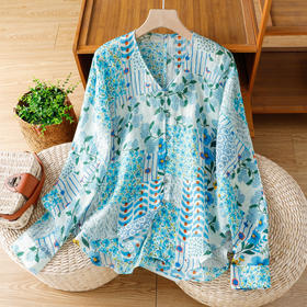 雀说文艺度假风宽松大码女装显瘦v领蓝色碎花长袖衬衫AL9358