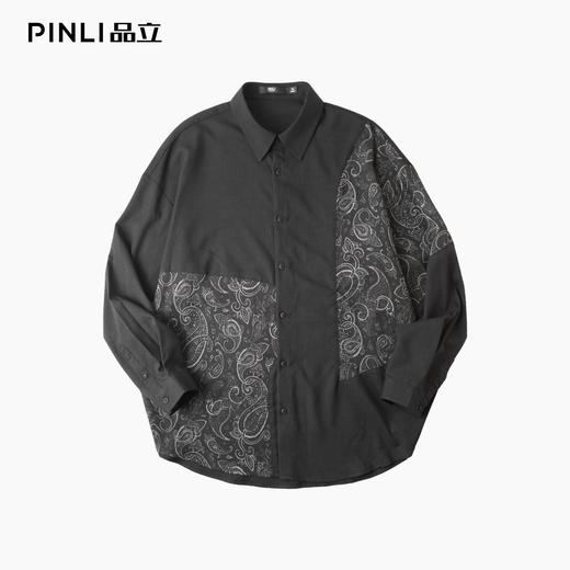 PINLI品立春季新款印花拼接长袖衬衫男士休闲时尚黑色潮衬衣B253113007 商品图4