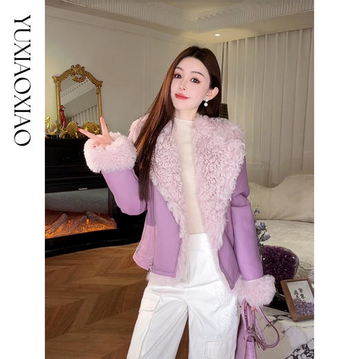 余潇潇【伯克街随行】时尚托卡卷毛羊皮毛一体保暖翻领收腰皮草外套 商品图2