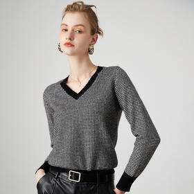 丁摩秋冬V领山羊绒衫女宽松套头毛衣千鸟格长袖上衣针织内搭打底衫女ALMK65