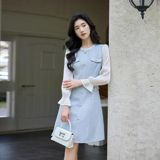 奢姿大码女装2025秋季胖妹妹时尚撞色拼接设计气质珍珠纽扣连衣裙9953853681 商品图4