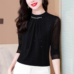 雀说半高领T恤女新款气质钉珠长袖优雅气质亮丝大气百搭小衫AL397