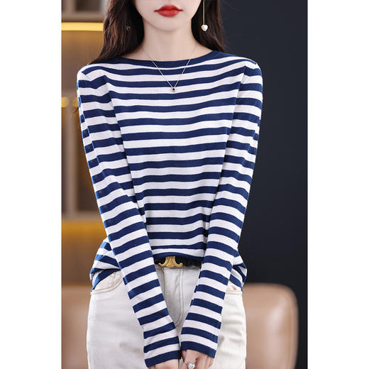 雀说新款精纺羊毛一字领羊毛针织衫女长袖条纹宽松套头上衣AL2332 商品图2