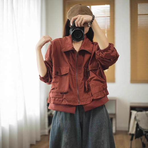 WMY66362 2025秋季新款 复古拼贴大口袋做旧双层外套 宽松翻领开衫上衣女款 商品图2