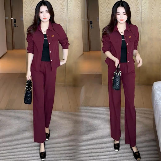 时尚套装女2025秋季新款洋气显瘦翻领外套阔腿裤减龄百搭两件套 商品图1