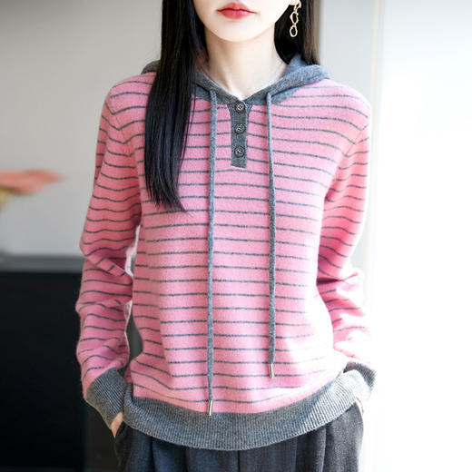 雀说100%纯羊毛衫女连帽卫衣秋冬新款慵懒风宽松上衣外套针织衫帽衫AL467 商品图1