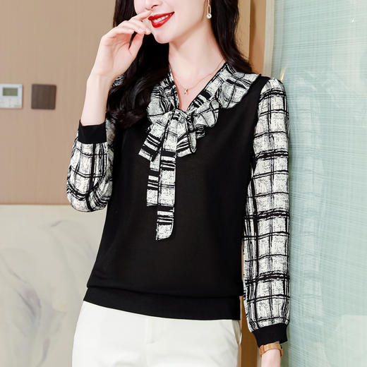 雀说假两件V领拼接打底衫新款洋气减龄高贵系带小衫AL9996 商品图1