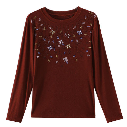 雀说新款圆领打底衫女长袖T恤气质修身显瘦烫钻大码针织上衣AL393 商品图4