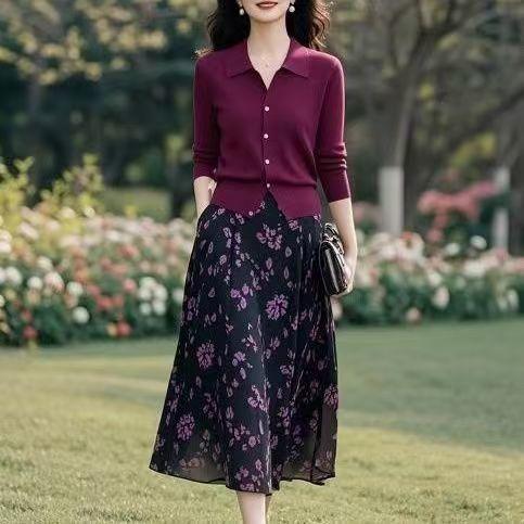 春秋穿搭一整套气质休闲高级感显瘦紫红色针织衫碎花半身裙套装女 商品图0