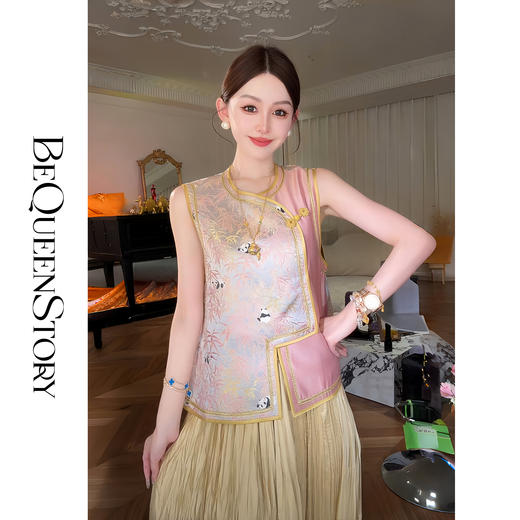 余潇潇【国潮熊猫】新中式国风羊毛宋锦桑蚕丝撞色拼接传统马甲上衣 商品图3