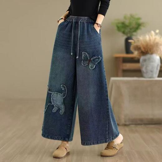 秋季新款刺绣牛仔阔腿裤女文艺民族风松紧腰休闲复古显瘦直筒长裤 商品图1