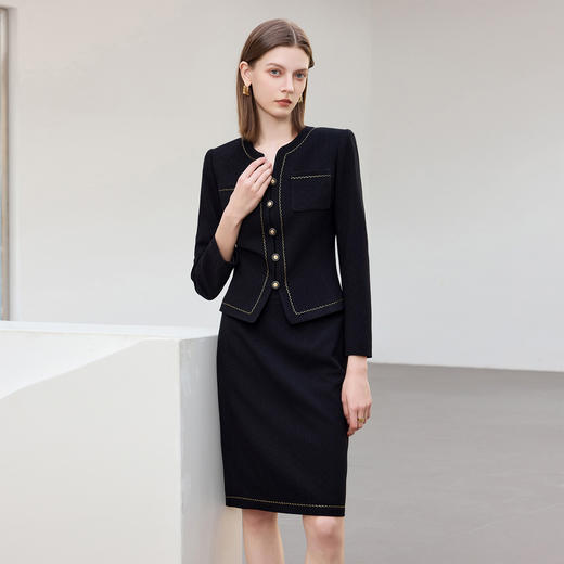 IWY/黑色长袖V领西装套裙女时尚气质通勤工作服小香风职业正装CS2469 商品图1