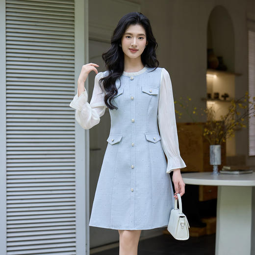 奢姿大码女装2025秋季胖妹妹时尚撞色拼接设计气质珍珠纽扣连衣裙9953853681 商品图0