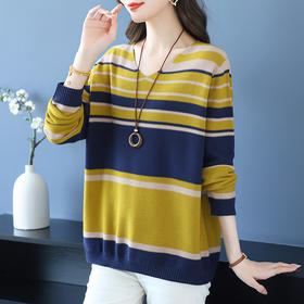 CC37-3126 大码洋气v领内搭针织打底衫女装早秋好看显瘦条纹长袖上衣女