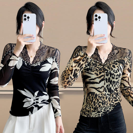 KQL 359H8320蕾丝花边拼接新款长袖V领钉珠上衣洋气t恤 商品图0