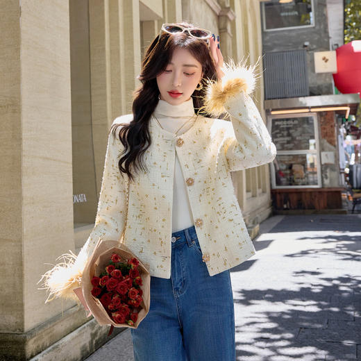YJLY8667 2025秋冬新款重工钉珠法式小香短外套配袖毛 商品图2