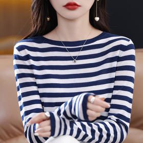 雀说新款精纺羊毛一字领羊毛针织衫女长袖条纹宽松套头上衣AL2332