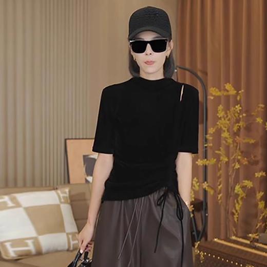 3F-YMG-8612+8613时尚套装女秋季新款洋气五分袖系带丝绒小衫九分阔腿皮裤两件套潮 商品图3