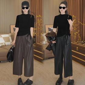 3F-YMG-8612+8613时尚套装女秋季新款洋气五分袖系带丝绒小衫九分阔腿皮裤两件套潮