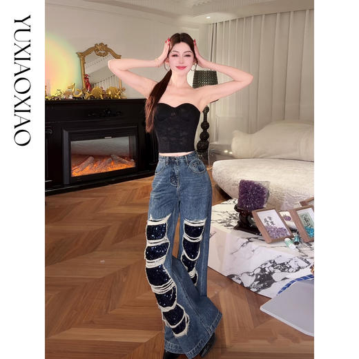 余潇潇【心跳赫兹】重工时尚百搭洗水挺括显瘦破洞拼接直筒牛仔裤 商品图4