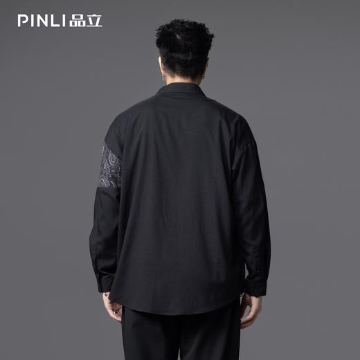 PINLI品立春季新款印花拼接长袖衬衫男士休闲时尚黑色潮衬衣B253113007 商品图2