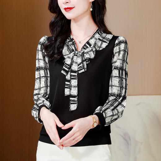 雀说假两件V领拼接打底衫新款洋气减龄高贵系带小衫AL9996 商品图2