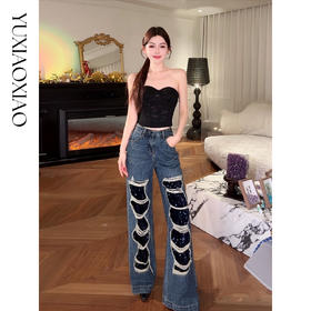 余潇潇【心跳赫兹】重工时尚百搭洗水挺括显瘦破洞拼接直筒牛仔裤