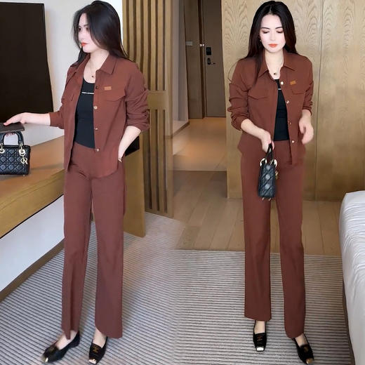 时尚套装女2025秋季新款洋气显瘦翻领外套阔腿裤减龄百搭两件套 商品图0