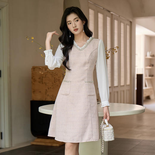 奢姿大码女装小香风V领镶钻连衣裙女2025秋季优雅拼接气质中长裙9953853571 商品图2